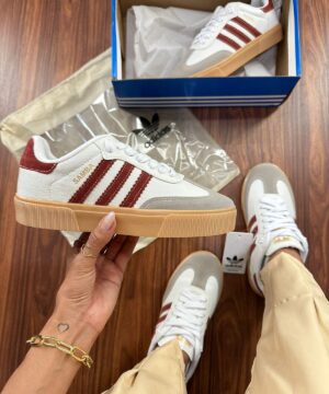 Tênis Adidas Samba Retrô Branco Vermelho Feminino Premium