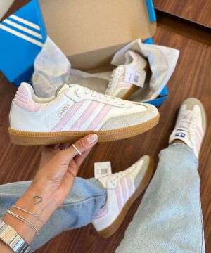Tenis Adidas Samba Couro Branco Rosa Feminino Premium 1