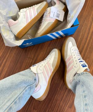 Tenis Adidas Samba Couro Branco Rosa Feminino Premium 2