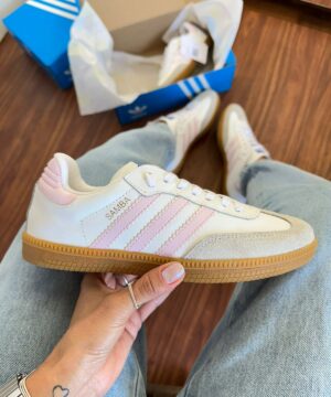 Tênis Adidas Samba Couro Branco Rosa Feminino Premium