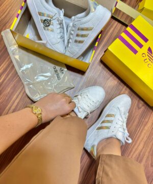 Tenis Adidas X Gucci Branco Dourado Feminino Premium 3