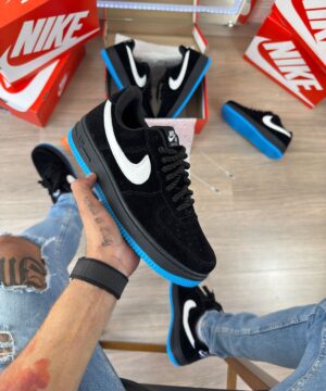 Tênis Nike Air Force Preto Camurça Soleta Azul Masculino Premium